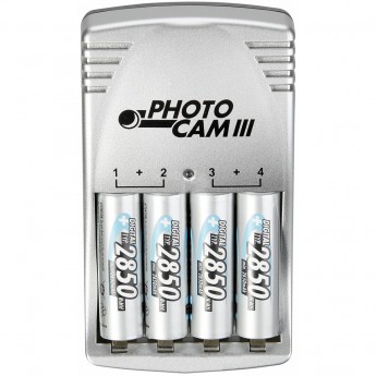 З/У Ansmann PhotoCam III + 4 AA 2850 мА/ч Автоматическое зарядное устройство от фирмы Ansmann, позволяющее заряжать 2 или 4 аккумулятора типов АА и ААА. В комплекте поставляется с 4-мя аккумуляторами 2850 мА/ч